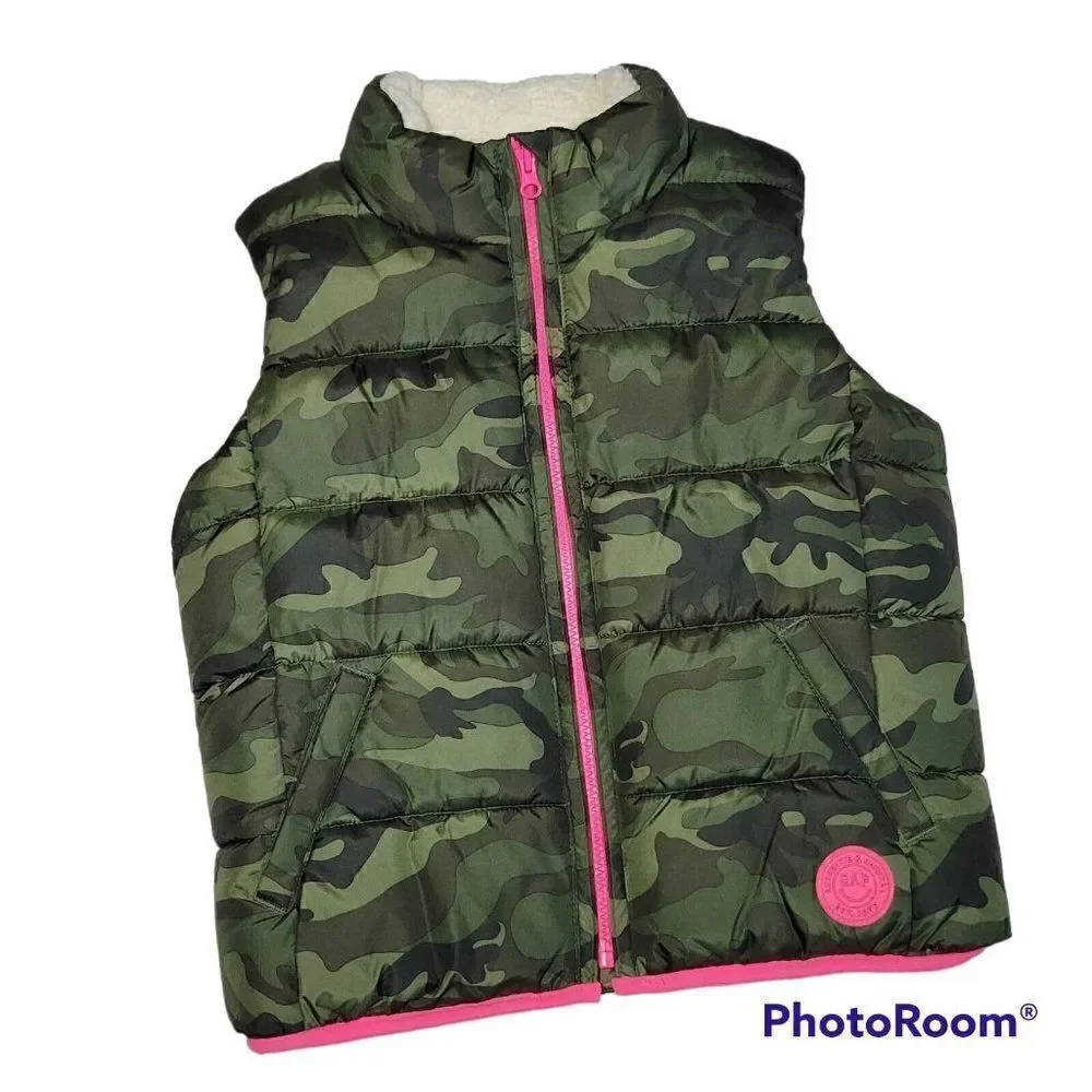 GAP Kids Puffer Vest Girls‎ Size Large Camo Print Green Pink Soft Sherpa Lined